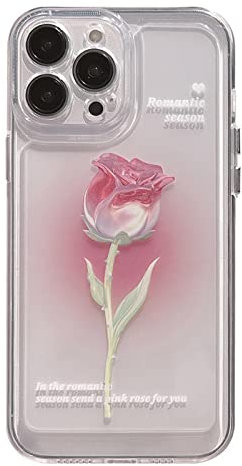 YWYUHE Blumen-Handyhülle für iPhone 13 Pro, niedlich, ästhetisch, transparent, rosa Farbverlauf, Rose, Handyhülle für Damen und Mädchen