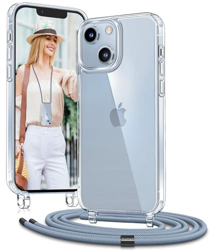 Vaykwo Handykette mit Band für Apple iPhone 14 Hülle und iPhone 13 Hülle - Necklace Handyhülle - Transparente Case zum Umhängen mit Kameraschutz und Bildschirmschutz - Blau