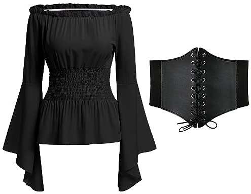 Odizli Mittelalter Kleidung Damen Gothic Steampunk Langarm Off Shoulder Corsett Top + Gürtel Viktorianisches Renaissance Kostüm