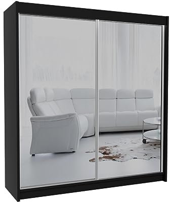 Mars Meble Schrank mit Schwebetüren Debra Kleiderschrank mit Spiegeln Kleiderstangen Garderobe, Farbe: Schwarz, Breite: 200 cm