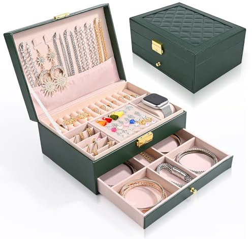 Boîte à Bijoux, Coffre à Bijoux, Boite a Bijoux Femme Fille, Boîte à bijoux en velours avec 2 niveaux - Pour femme, Pour bagues, boucles d'oreilles, colliers et montres, Avec serrure et clé (Vert)