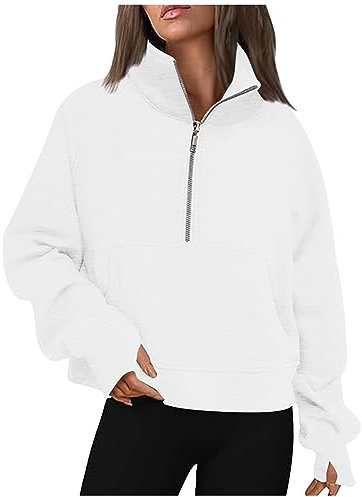AnnSemo Sweatshirts for Women UK Half Zip Cropped Hoodies Casual Long Sleeve Jumpers with Pockets Funnel Neck Fleece Lined Tops Y2k Thumb Hole Pullover Winter Coat Christmas