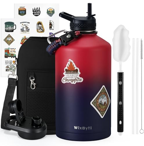 WixByti One Gallon Insulated Water Bottle, Stainless Steel 128oz Water Jug | (Cold 48 Hrs), Triple Wall Vacuum, Leak-proof & Non-BPA, Large Sports Water Bottle with Straw Spout Lids & Paracord Handle