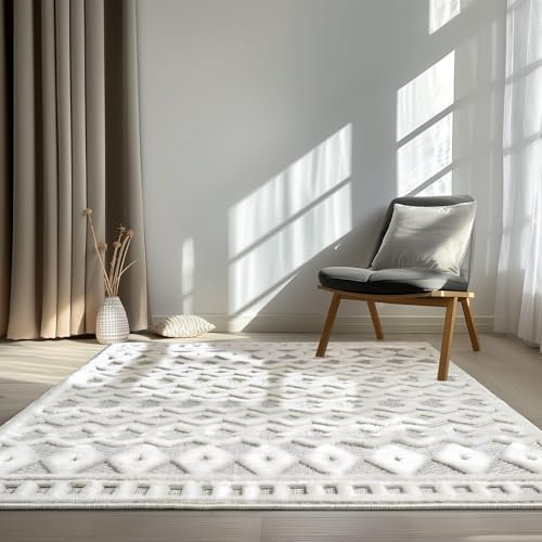 In & Outdoor Teppich Barcelona Wetterfest Balkon Boho Wohnzimmer Küche Skandinavisch Muster Einfarbig 3D Effekt Modern weiß Karos Welle 140x200 cm