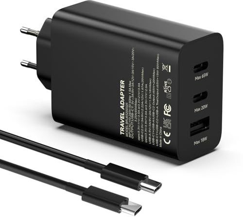 65W USB C Schnellladegerät Kompatibel für Samsung Galaxy S25 Ultra S25+ S24 Ultra S24+ S23 Ultra A56 A36 Tab 10/S9+ /Ultra, Tablet Laptops Handy PPS PD3.0 3-Port Netzteil mit 1.8M 5A Type-C Ladekabel