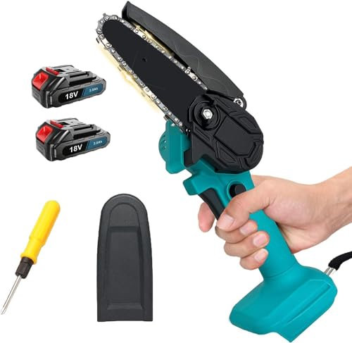 4 Zoll Kettensäge, Ersatz für Makita, Bürstenlos mit 2 x 3000mAh Akku und Ladegerät, Kleine Handkettensäge zum Schneiden von Bäumen und Garten