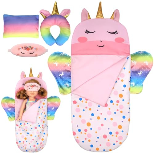 Booaee Einhorn Puppenschlafsack Set,4PCS Puppenschlafsack für Babypuppen,Puppen Zubehör mit Schlafmaske U-Förmiges Kissen Quadratisches Kissen Spielzeug Mädchen für Weihnachten Geburtstagsgeschenk