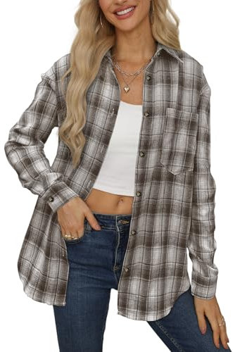 NONSAR Damen Kariertes Hemdbluse Knopfleiste Langarm Oktoberfest Bluse Karo Tunika Casual V-Ausschnitt Oberteile Flanellhemd (DE/NL/SE/PL, Alphanumerisch, S, Regular, Regular, Plaid02-Kaffee)