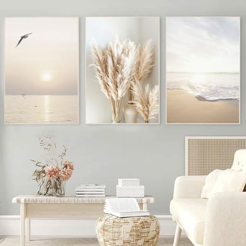 3er Poster Set Wandbilder Boho Beige Natur Pampasgras, Kunstdrucke, Modern Deko Wanddeko, Vintage für Exquisite Leinwandbilder - Ohne Rahmen Beige (21x30 cm)