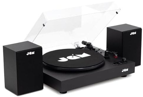 JAM Giradischi con Altoparlanti - Giradischi Bluetooth con Altoparlanti da Libreria, 3 Velocità con Coperchio Antipolvere, Braccio Pre-Calibrato, Pulitore di Vinile Incluso, Nero