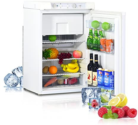 Techomey Mini Kühlschrank mit Gefrierfach, Gas Kühlschrank 100L,12V 230V, Camping Kleiner Kühlschrank für Wohnmobil, Wohnwagen, Haus, Ferienwohnung, Mobilheim, Weiß