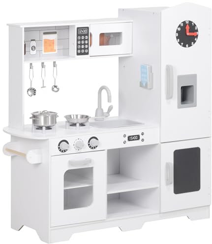 AIYAPLAY Cocina de Juguete para Niños +3 Años Cocina de Madera Infantil Cocinita Infantil con Fogón Grifo Fregadero Microondas Reloj Máquina de Hielo y Accesorios de Cocina Blanco