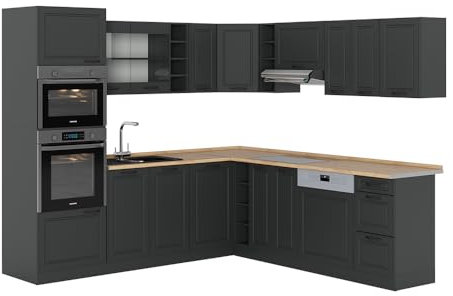 Vicco Eckküche R-Line, Anthrazit Landhaus/Anthrazit, 237 x 247 cm, AP Eiche