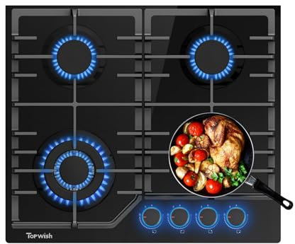 TOPWISH piano cottura 4 fuochi gas, piano cottura gas, piastra di cottura incasso 60cm con rossa manopole illuminate, protezione flame-out, NG/LPG convertibile, accensione elettronica, 8000 Watt