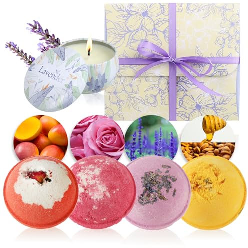 com-four® Geschenk-Box mit insgesamt 4x Badebomben und 1x Sojawachskerze - Wellness-Set für Frauen und Männer an Valentinstag, Geburtstag und Muttertag - Spa Set zur Entspannung
