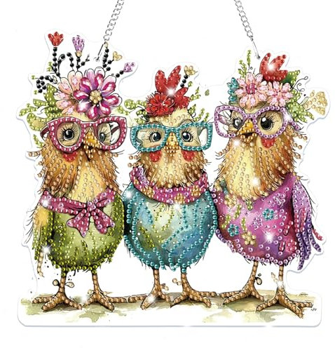 Lxmsja 5D Diamond Painting Anhänger Huhn, Tier Diamond Painting Kinder Erwachsene, Hängende Ornament Bastelset Kreativ Set für Erwachsene Geschenk Mädchen 7 8 9 10 11 Jahre, Kranz Tür Fenster Deko