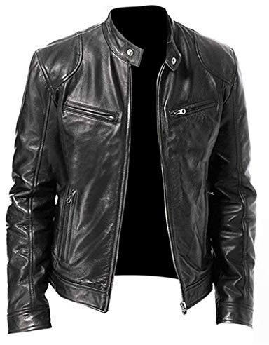 Giacca di Pelle Casual da Uomo, Giacca da Moto retrò Casual Slim Colletto alla Coreana da Uomo in Stile Motociclista Giacche da Pilota Giubbotto Chiodo Giacca Antivento alla Moda, Classica, Nero