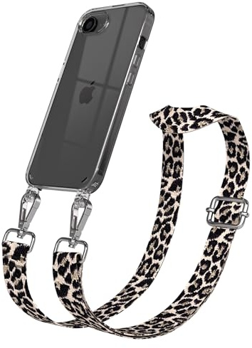 EAZY CASE Handykette - Verstellbares Taschenband kompatibel mit iPhone 16e, Schulterriemen, Handykordel mit Silikon Hülle, Umhängetasche, Leo - Schwarz Beige Silber