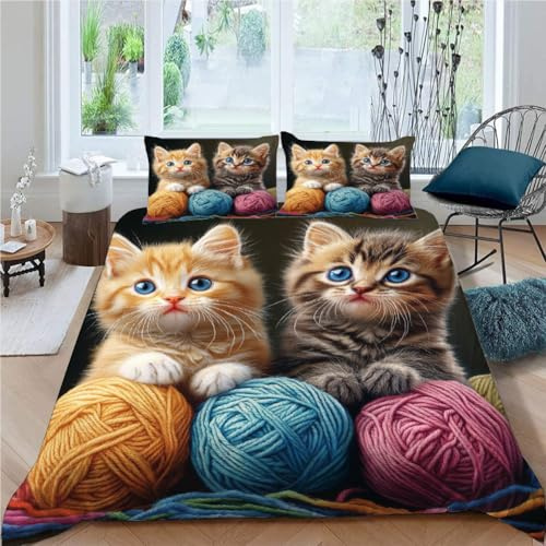 SK-YBB Bettwäsche 155x220 Katze Bettwäsche-Set 3Teilig Bettbezug Set 155x220 mit Reißverschluss Tier Teenager Jungen Mädchen Mikrofaser Bedding Set