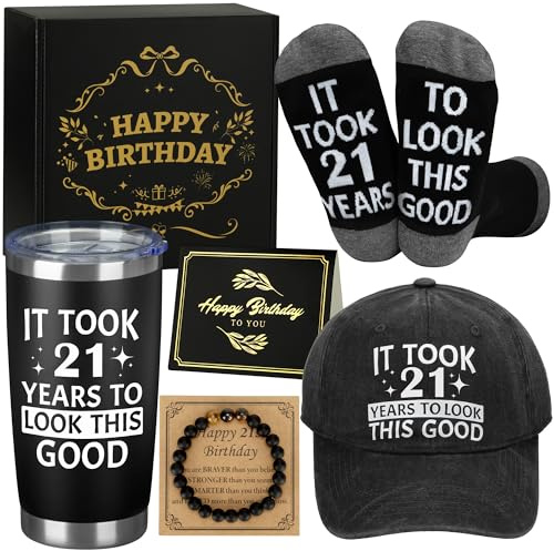 21st Birthday Gifts for Him - Premium Black Gift Set Including Stainless Steel Tumbler 20oz, Baseball Cap, Cotton Socks, Natural Stone Bracelet & Birthday Card – It Took 21 Years to Look This Good