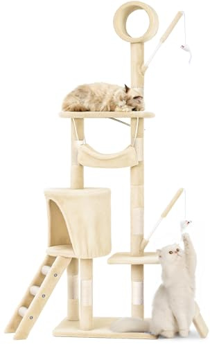 VOUNOT® Arbre à Chat Hauteur 155cm Multi Niveaux Arbre à Grimper avec Griffoirs Tunnel Hamac Niche Escalade et Escalier Centre d’Activités pour Chats Beige