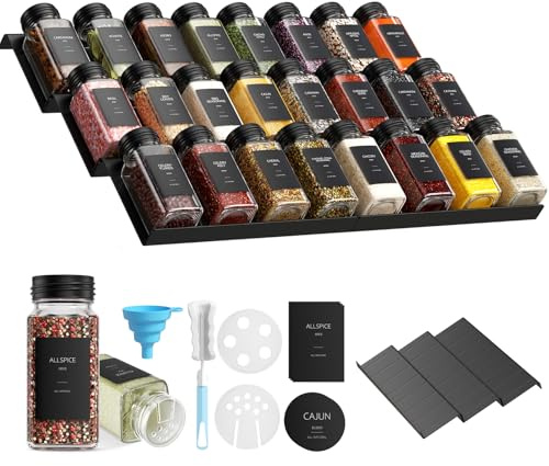 Gvdeirn Spice Jars Set with Shelf (120 ml, 24pack) Glass Storage Jars with Lids with 6 Spice Rack Drawers, 372 Labels, 48 Shaker Inserts, Funnel & Brush, Kitchen Spice Organiser Drawer