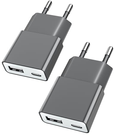 TONGKTAI Ultradünnes 5W USB Ladegerät 2er Pack -[ Dual-Port mit USB-C & A (5V 1A) - Universell kompatibel mit iPhone, Samsung, AirPods, Kamera, Powerbank, Elektrische Zahnbürste & Mehr– Grau