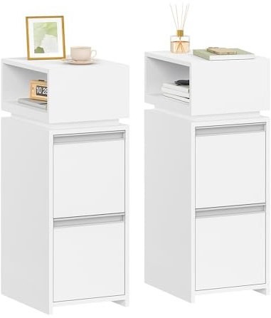 HEXCELEN Nachttisch, 2er Set, Schmal mit 2 Schubladen und 1 Offenen Fach, Nachtschrank, Beistelltisch für Schlafzimmer und Wohnzimmer, Modern, 30 x 24 x 66,1 cm, Weiß