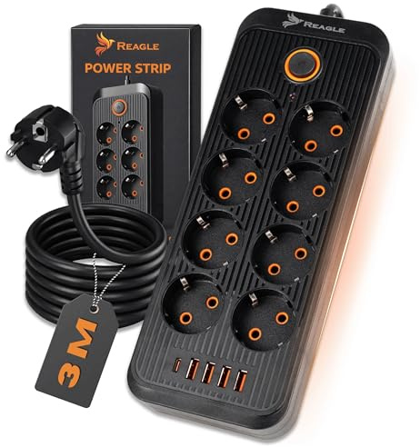 Reagle Steckdosenleiste mit, 8-Fach 230V, 5 USB 4X USB 1x USB-C, Mehrfachsteckdose mit Save Energy-Schalter 2500Wzum Stromsparen für Home Office mit Überspannungsschutz 3M