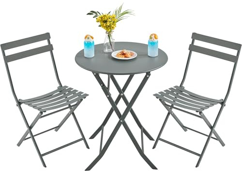 Yaheetech 3-Piece Folding Bistro Set, Space-Saving Table & Chairs, Grey
