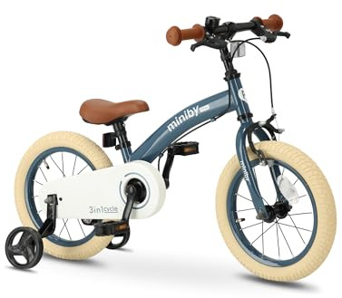 QPLAY Kinderfahrrad 14 Zoll | 3 in 1 Laufrad | Mit Verstellbarem Sattel und Lenker | Kinder Fahrrad für Jungen und Mädchen im Alter von 3 bis 6 Jahre | Stahlblau
