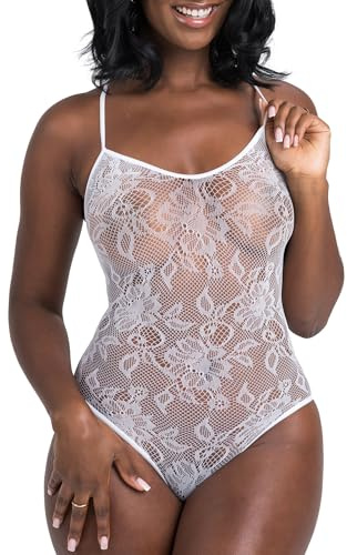 Lovehoney Lingerie Lace Bodysuit for Women - Racerback Spaghetti Straps - High-Cut Floral Patterned Lace Crotchless Bodysuit - Sizes: 8-16
