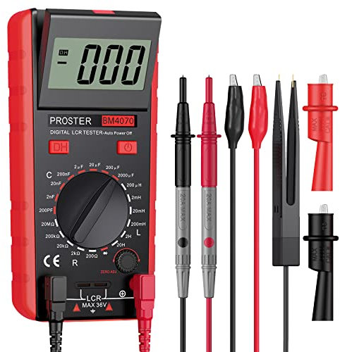 Proster LCR Meter Digital Digitaler LCR Multimeter für Kapazitäts Induktivitäts Widerstand Testen Selbstentladung mit Batterie Krokodilklemme und Tasche LCR Tester Meter- Rot