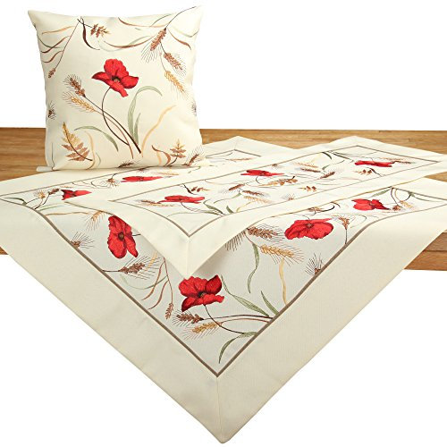 Quinnyshop Rot Klatschmohn Getreide Tischdecke Mitteldecke Polyester, Creme - ca. 110 x 110 cm Quadratisch