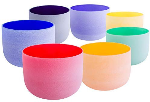 ENERGYSOUND 432 Hz Mattquarz Klangschalen Set mit 7 farbigen Kristallen, 8-12 inch