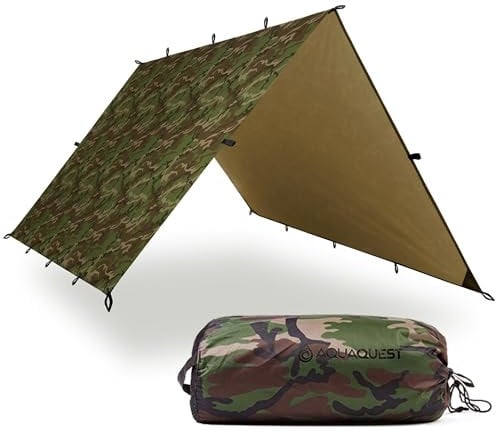 AquaQuest Defender wasserdichte Campingplane - robuster Zeltunterstand oder Regenschutz - Wandern, Bushcraft und Hängematte, 4,5 x 4,5 m Waldtarn