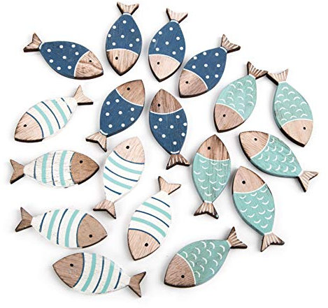Streudeko Fische, 18 Stück: Holzteile Set, Kleine Tischdeko Holz, Hölzerne Deko Kommunion, Konfirmation, Hochzeit & Taufe, Blau, Weiß & Türkis, Zum Dekorieren & Basteln, Decor Maritim, Holzdeko, 6 cm