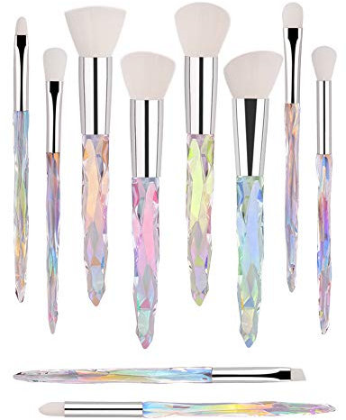 Makeup Brush Set 10 Piece Essential Make-up Brushes Kit for Powder Liquid Cream Cosmetics Blending Blush Concealer Brushes Transparent Plastic Handle (White)
