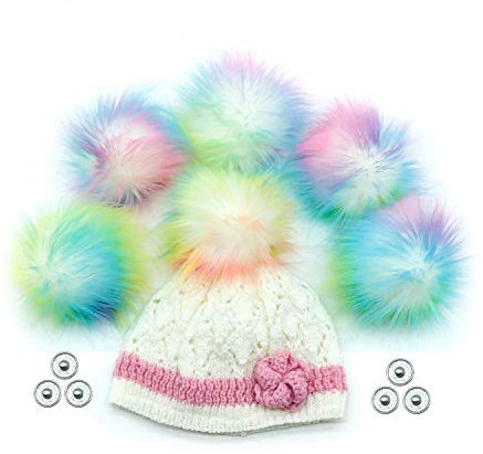 FurryValley Kunstfell-Bommel, 6 Stück, 11 cm, zum Basteln, flauschige Bälle für Mütze, Schuhe, Schals, mit Druckknopfverschluss, abnehmbare Strickmütze, Zubehör, 10,9 cm (mehrfarbig)