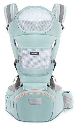 SONARIN Porte-bébé ergonomique avec Siège de Hanche/Pur coton, support de tête, multiposition: dorsal, ventral, réglable pour nouveau-né et enfant de 0 à 36 mois (jusqu'à 30 kg) Vert