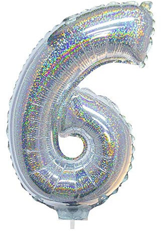 Das Kostümland Zahlen Folienballon 41 cm mit Stab - Holografisch Silber Zahl 6