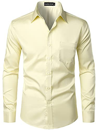PARKLEES Men's Urban Stylish Casual Business Slim Fit Long Sleeve Button Up Dress Shirt with Pocket Ivory S