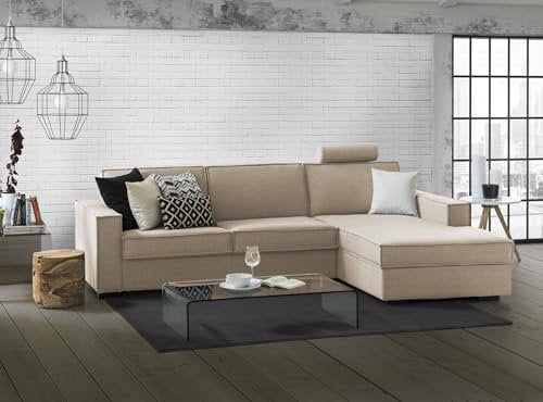 Talamo Italia - Schlafsofa mit Halbinsel Adelia, Sofa mit drehbarer Öffnung, Aufbewahrungshalbinsel rechts, schmale Armlehnen, 100 % Made in Italy, 260 x 95 x 90 cm, Beige