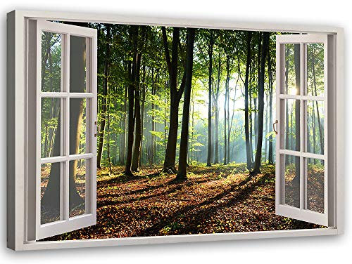Feeby Vlies Leinwandbild Wald Natur Sonne Bäume 90x60 cm Druckbild Wandbild Wanddekoration Deko Wand Aesthetic Fenster Illusion 3D Grün