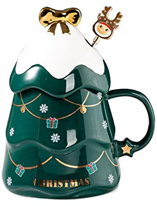 Weihnachtstassen Tassen mit Löffel Becher Keramik Weihnachtsbaum Kaffeetasse Merry Christmas Kaffeebecher Weihnachtsmotive Weihnachtsdekor Geschenk & Geschenkidee