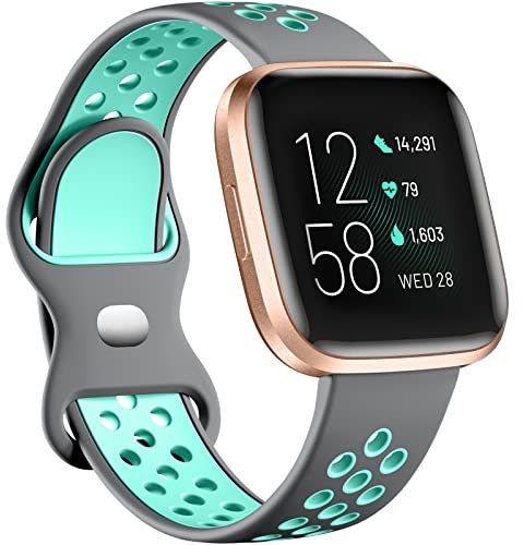 Dirrelo Armband Kompatibel für Fitbit Versa 2 Armband/Fitbit Versa Armband für Damen Herren, Weiches Silikon Sport Atmungsaktive Ersatzarmband für Fitbit Versa Lite/Versa/Versa 2, Grau/Petrol L
