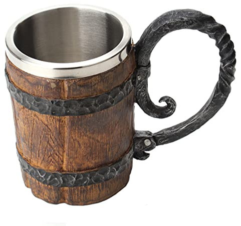 FHEDE 550 ml Holzimitat Fass Edelstahl Bierkrug, Bierkrug aus Holz,Doppelwandiger Trinkbehälter mit Griff, Holzkrug für Bar, Restaurant, Heimdekoration (16.5 * 9.5 * 14.5cm)