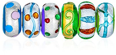 Bundle-Set Von 6 Murano-Glas 3D-Lampe Arbeit Multi Color Grün Blau Goldfolie Metallic Hand Gemalten Streifen Punkte & Swirl Charme Bead Für Frauen Teen.925 Sterling Silber Fits European Bracelet