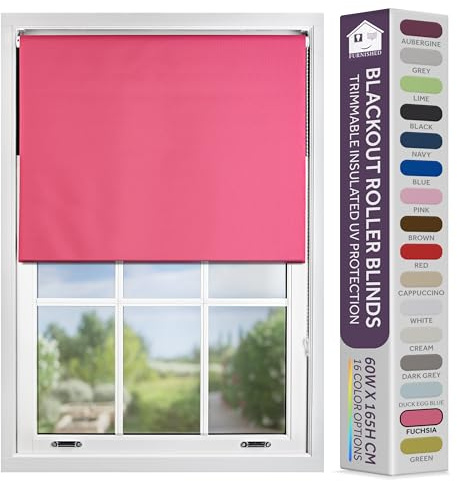 FURNISHED Blackout Roller Blind with Metal Fittings Trimmable Insulated Thermal Fabric Heavy-duty Easy Install Brackets Window Roller Blinds - Fuchsia Pink, 220W x 210H cm