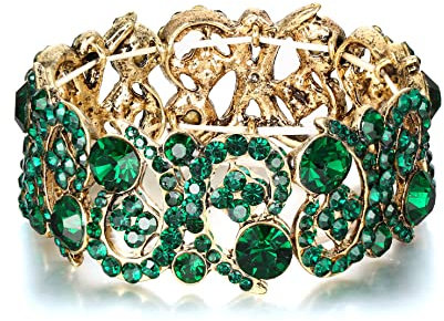 EVER FAITH Damen Österreichische Kristall Hochzeit Hohle Floral Wave Stretch-Armband Grüner Goldton